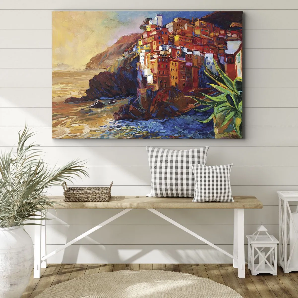 Lærredstryk - Billede på lærred - Farverige huse på en klippe over havet - 70x50cm - Italiensk atmosfære - Moderne vægdekoration til stue og soveværelse ARTTOR