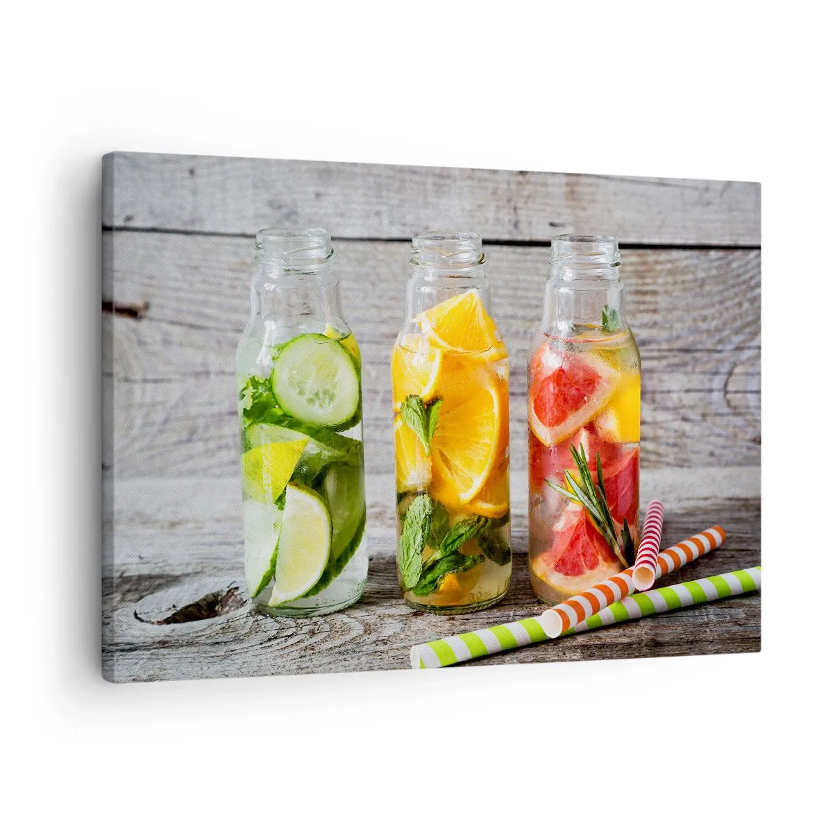 Lærredstryk - Billede på lærred - Flasker med frugtvand og urter på en træbaggrund - 70x50cm - Sund af natur - Moderne vægdekoration til stue og soveværelse ARTTOR
