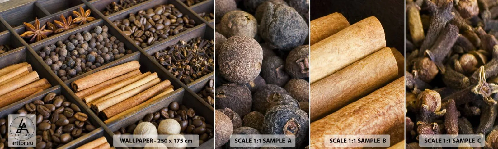 Fototapet Prøve Standard Eco - Et skatkammer af aromaer - Krydderier, Kaffe, Kanel - 100x30 cm