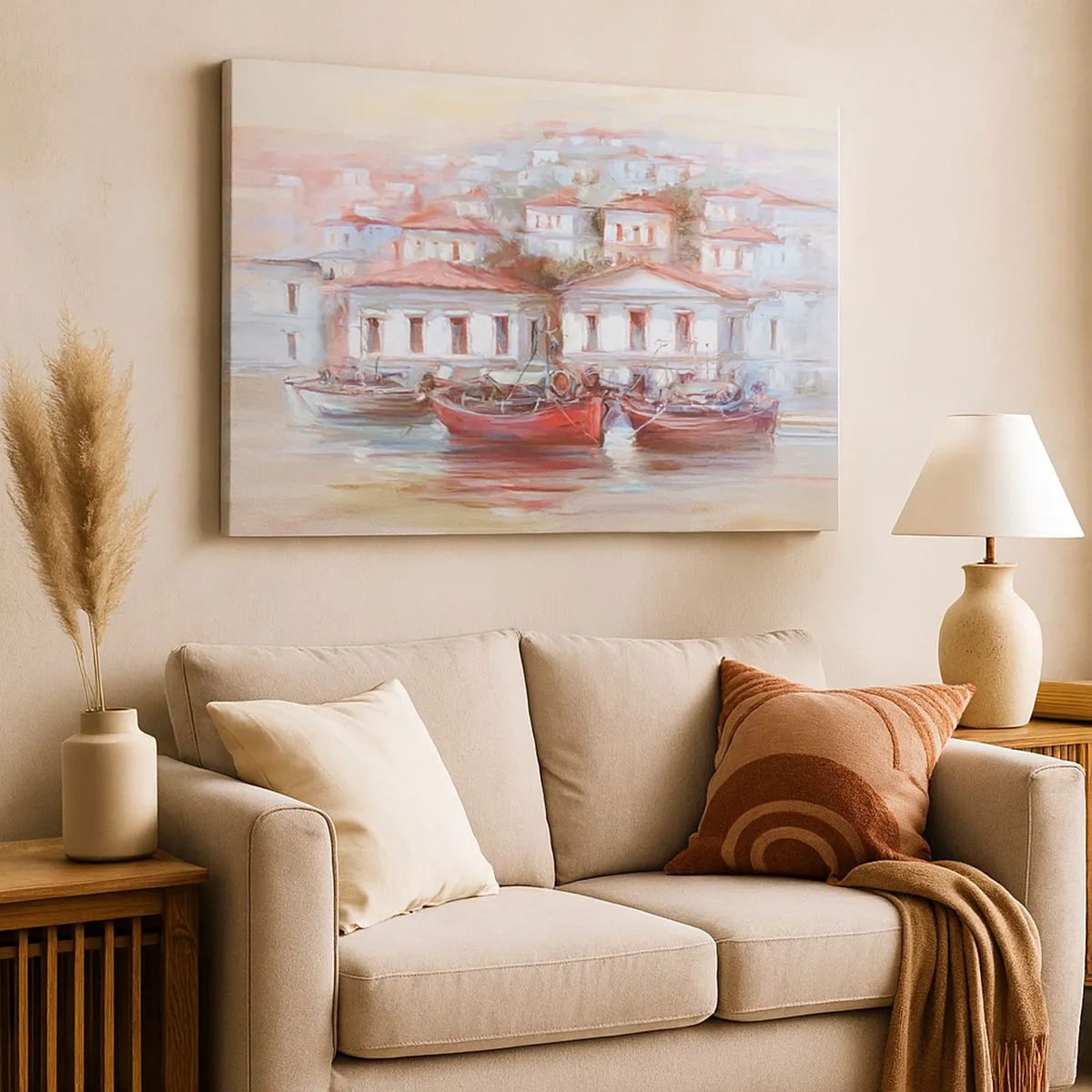 Lærredstryk - Billede på lærred - Farverige både og maleriske bygninger ved vandet i pastelfarver - 70x50cm - Lykkelig by - Moderne vægdekoration til stue og soveværelse ARTTOR