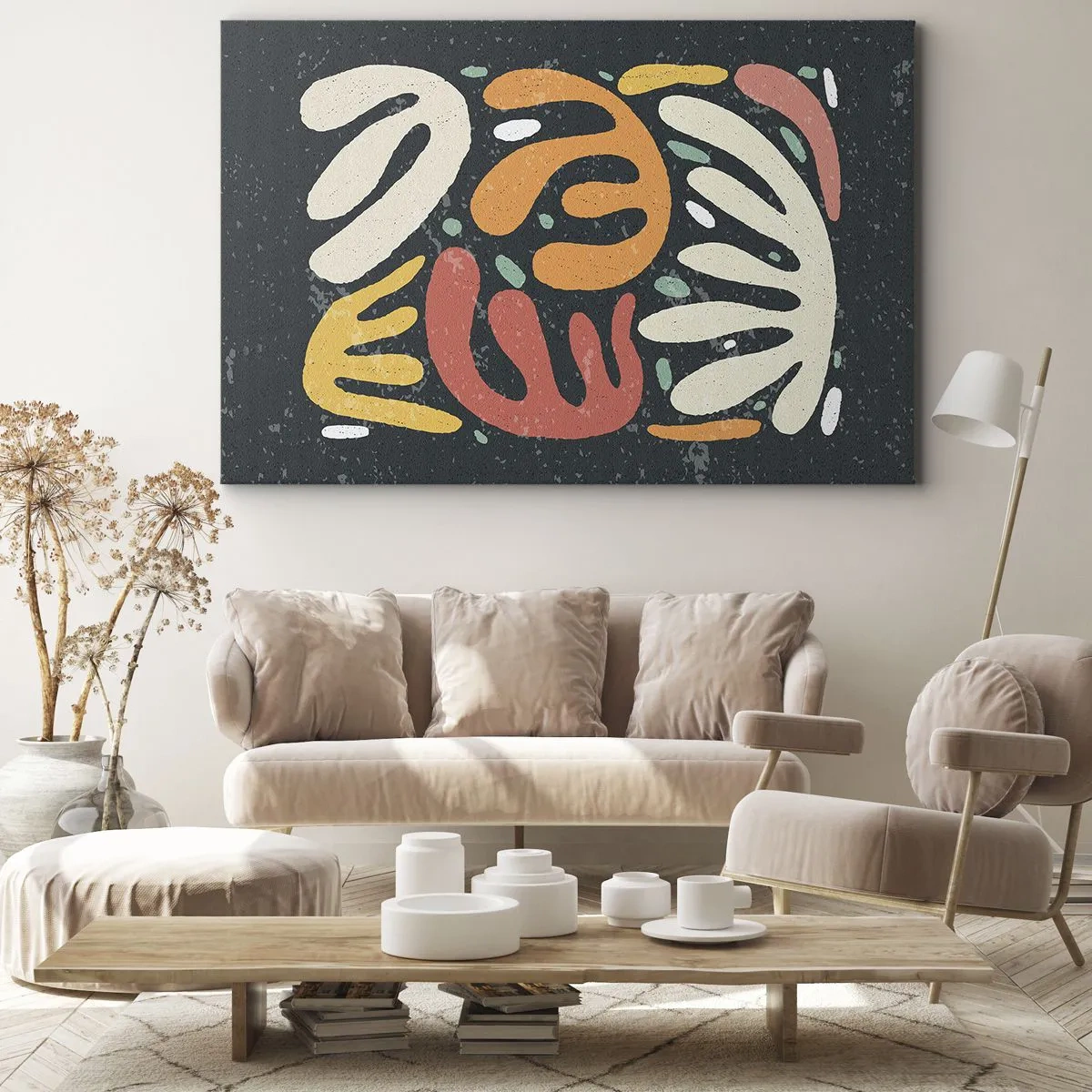 Lærredstryk - Billede på lærred - Abstrakte former i varme farver på en mørk baggrund - 70x50cm - Komposition - jeg er ved at fange dig - Moderne vægdekoration til stue og soveværelse ARTTOR