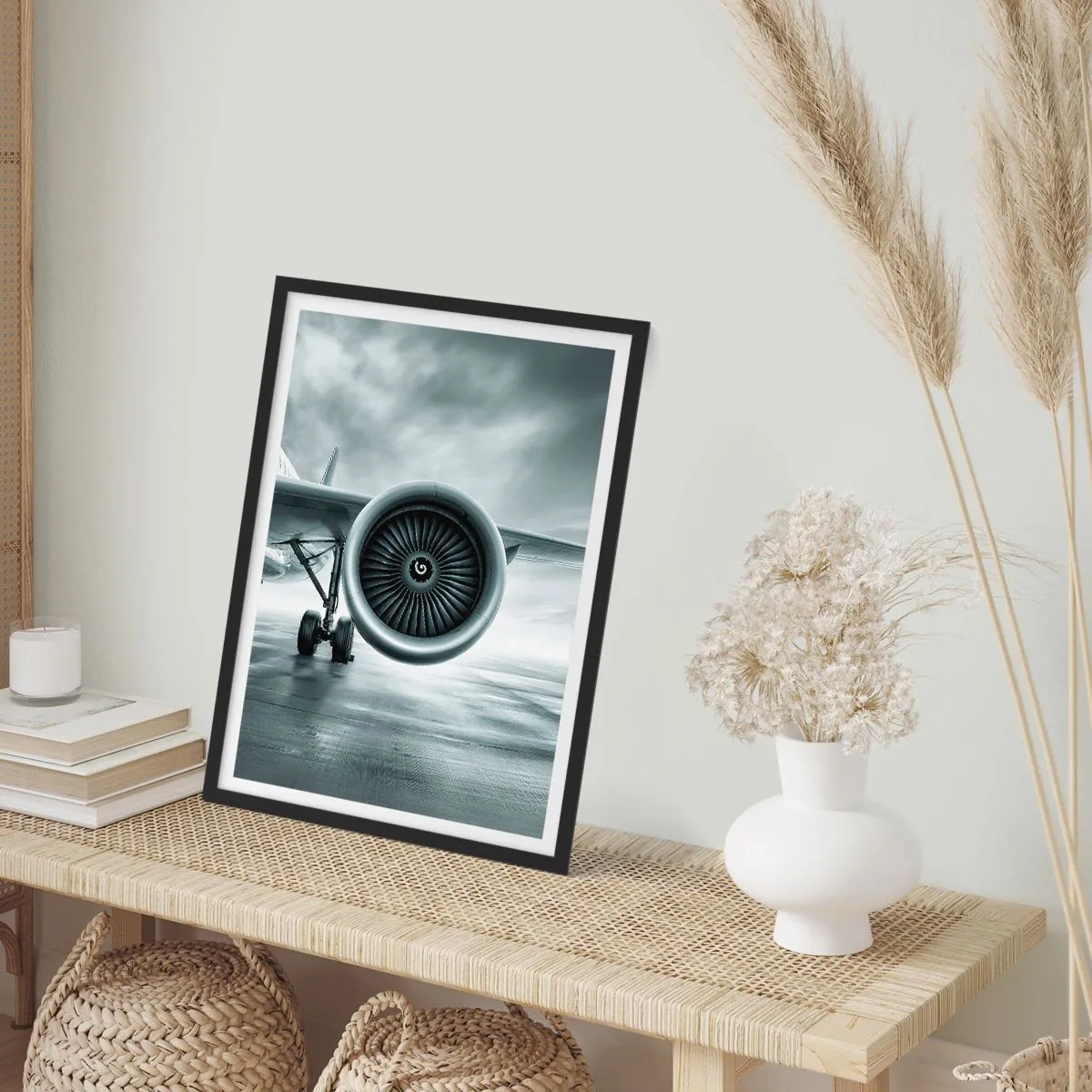 Plakat i sort ramme - En flyjetmotor i monokrome toner - 50x70cm - Der er kraft! - Moderne vægdekoration til stue og soveværelse ARTTOR