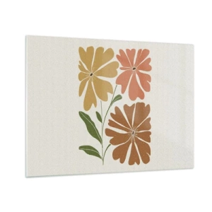 Billede på glas - Tre stiliserede blomster i varme farver på en lys baggrund - 70x50cm - Natur og geometri - Moderne vægdekoration til stue og soveværelse ARTTOR