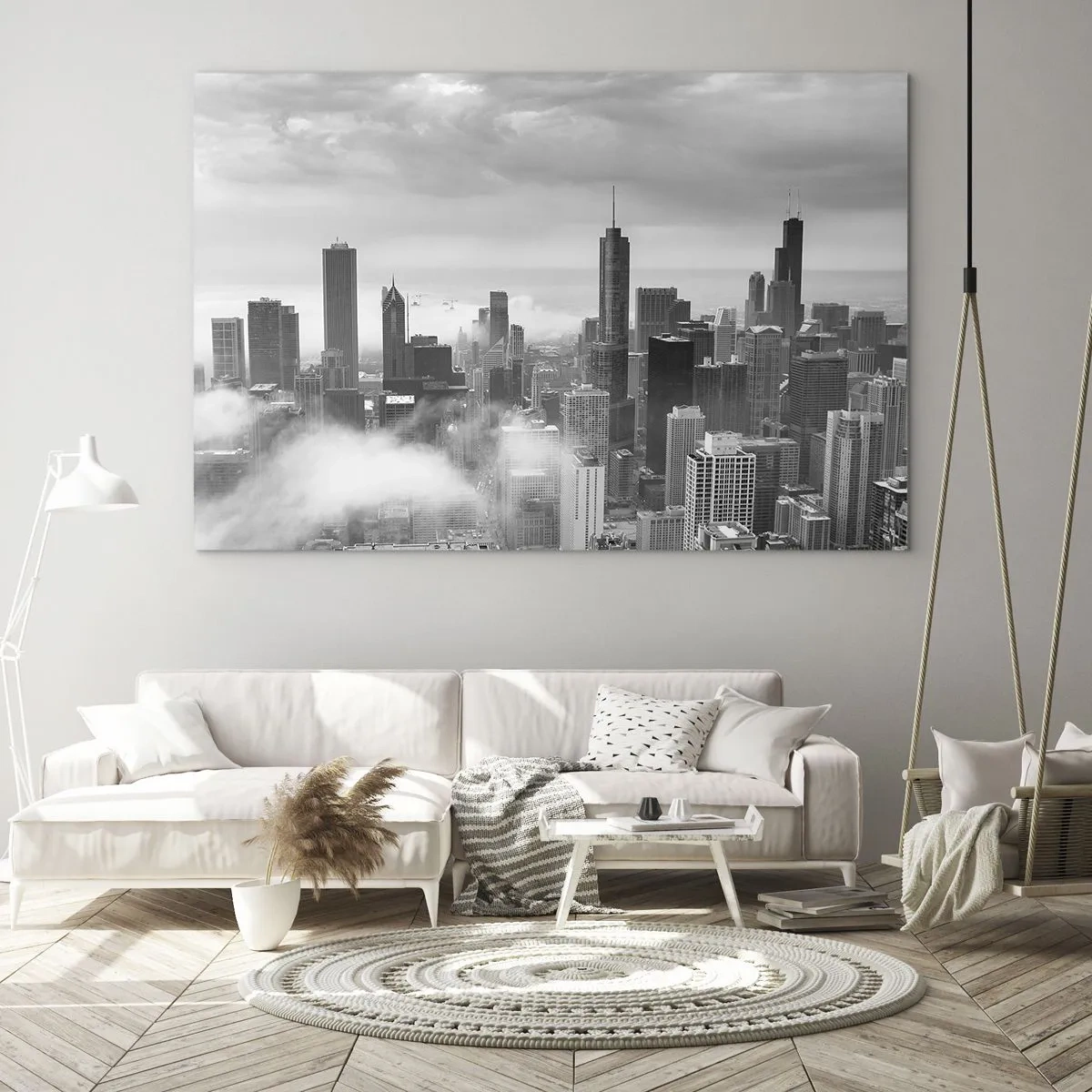 Billede på glas - Bypanorama med skyskrabere i sort-hvid - 70x50cm - Amerikansk landskab - Moderne vægdekoration til stue og soveværelse ARTTOR