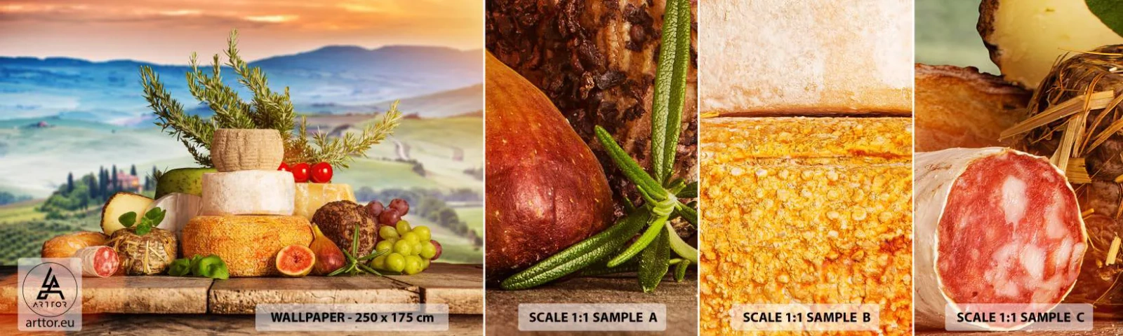 Fototapet Prøve Standard Eco - Italiensk livsglæde - Toscana, Landskab, Lækre oste - 100x30 cm