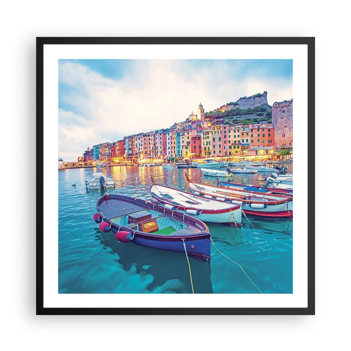 Plakat i sort ramme - En farverig aften i havnen - 60x60 cm