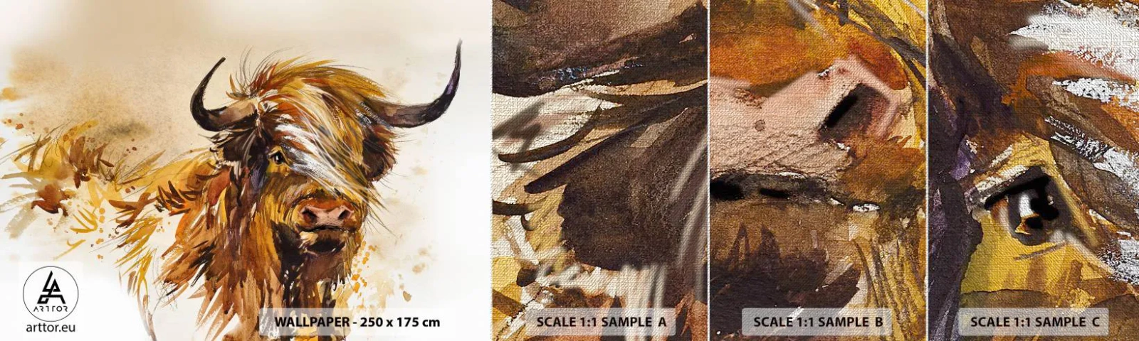 Prøve Fototapet Premium Canvas - Jægerens stolthed - Dyr, Abstraktion, skotsk bøffel - 100x30 cm