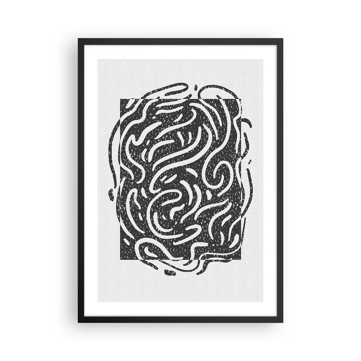 Plakat i sort ramme - Abstrakt komposition med dynamiske linjer og former i sort-hvid. - 50x70cm - Abstraktion: en dans af glæde - Moderne vægdekoration til stue og soveværelse ARTTOR