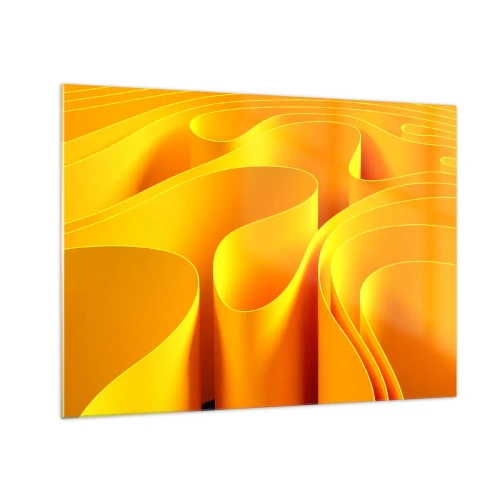 Billede på glas - Abstrakte bølger i nuancer af guld og orange - 70x50cm - Som solens bølger - Moderne vægdekoration til stue og soveværelse ARTTOR