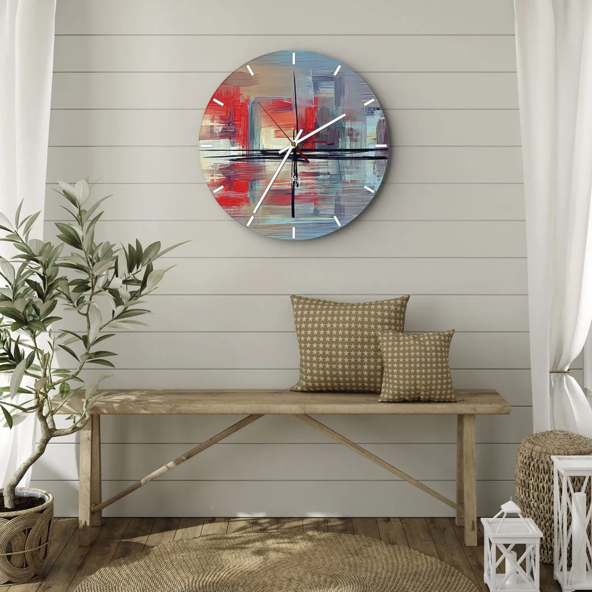 Vægur, Uret - Farverig abstraktion med geometriske penselstrøg - 30x30cm - Landskab i en ukendt dimension - Moderne vægdekoration til stue, køkken og soveværelse ARTTOR