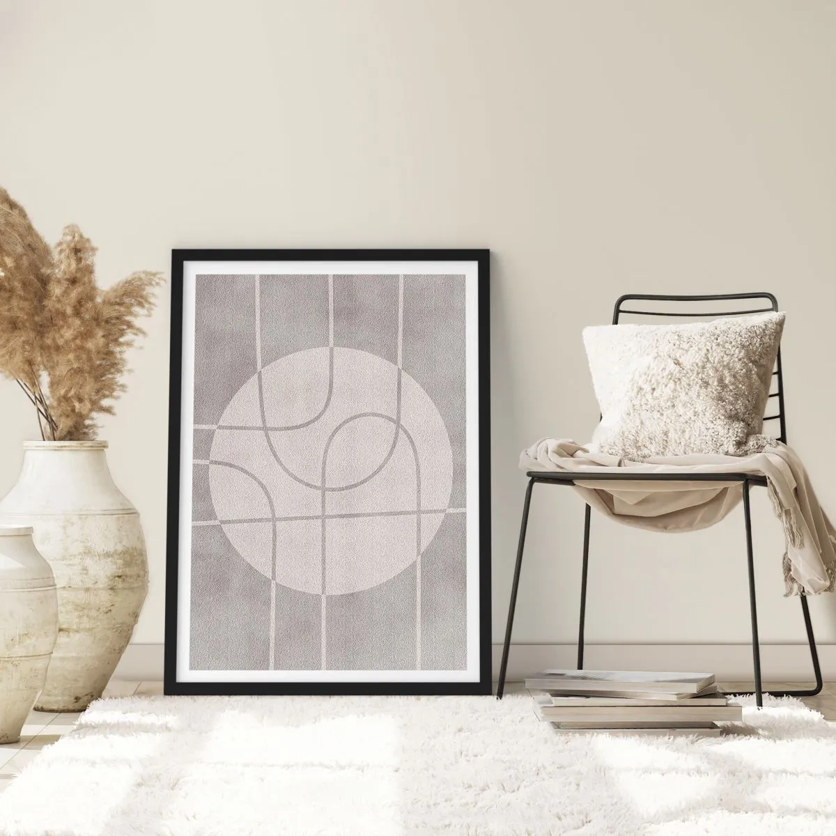 Plakat i sort ramme - Geometriske linjer og en cirkel i grå nuancer - 50x70cm - Cirkulær og lige frem - Moderne vægdekoration til stue og soveværelse ARTTOR