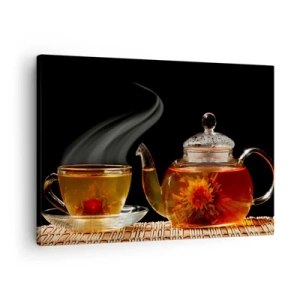 Lærredstryk - Billede på lærred - Glas tekande med blomsterte og en kop - 70x50cm - Magien og kunsten at brygge te - Moderne vægdekoration til stue og soveværelse ARTTOR