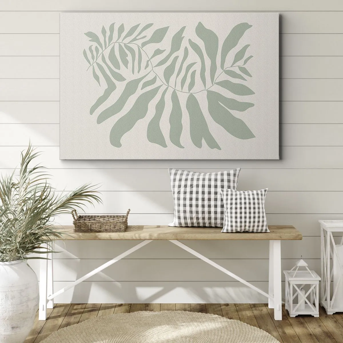 Lærredstryk - Billede på lærred - Et fint kvistmønster med blade i en smaragdgrøn nuance - 70x50cm - Smaragdgrøn gren - Moderne vægdekoration til stue og soveværelse ARTTOR