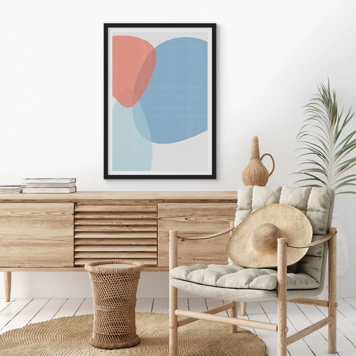 Plakat i sort ramme - Abstrakte former i blå og beige farver - 50x70cm - Pastelfarvede relationer - Moderne vægdekoration til stue og soveværelse ARTTOR