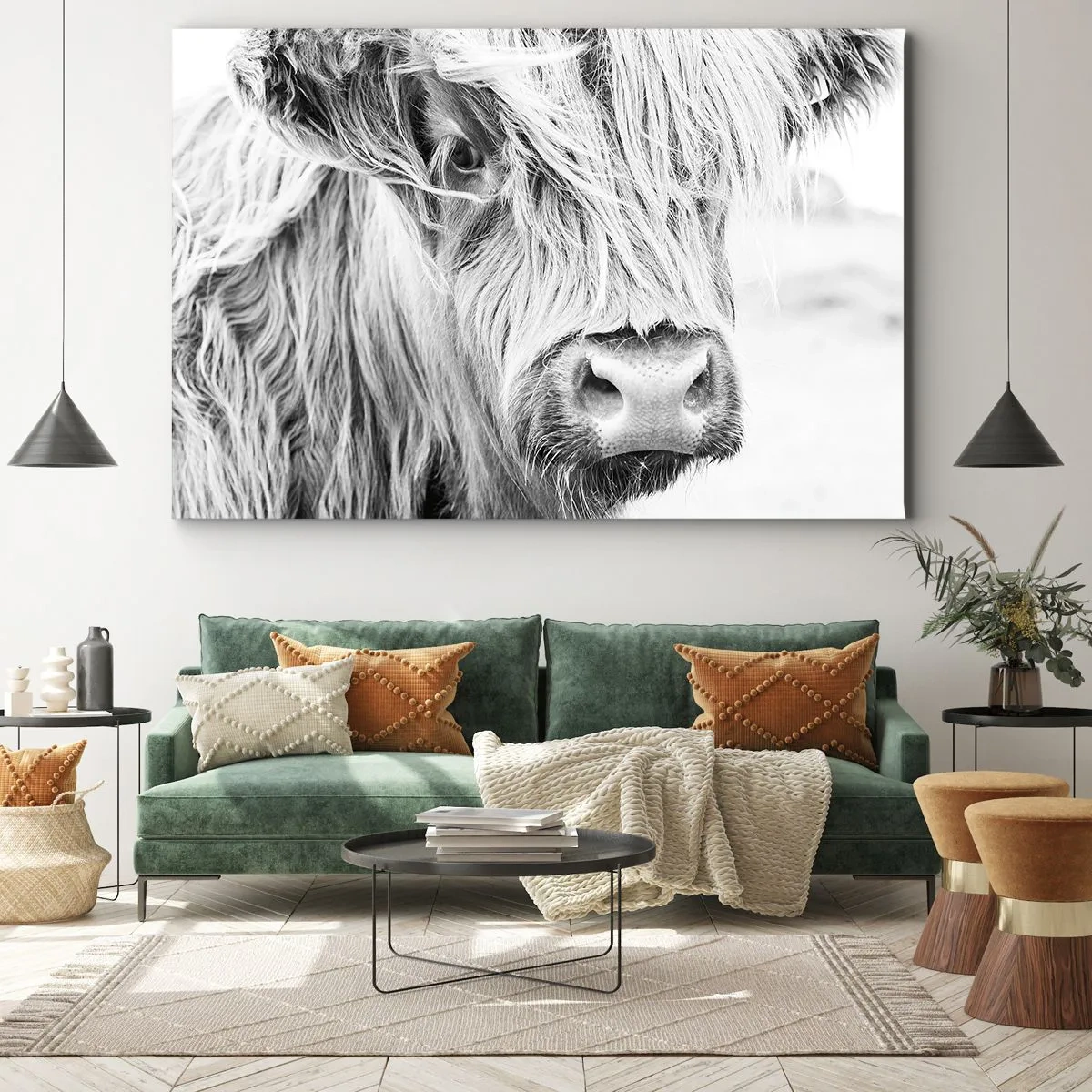 Lærredstryk - Billede på lærred - Portræt af en skotsk ko i sort-hvid - 70x50cm - Skotsk vildmark - Moderne vægdekoration til stue og soveværelse ARTTOR