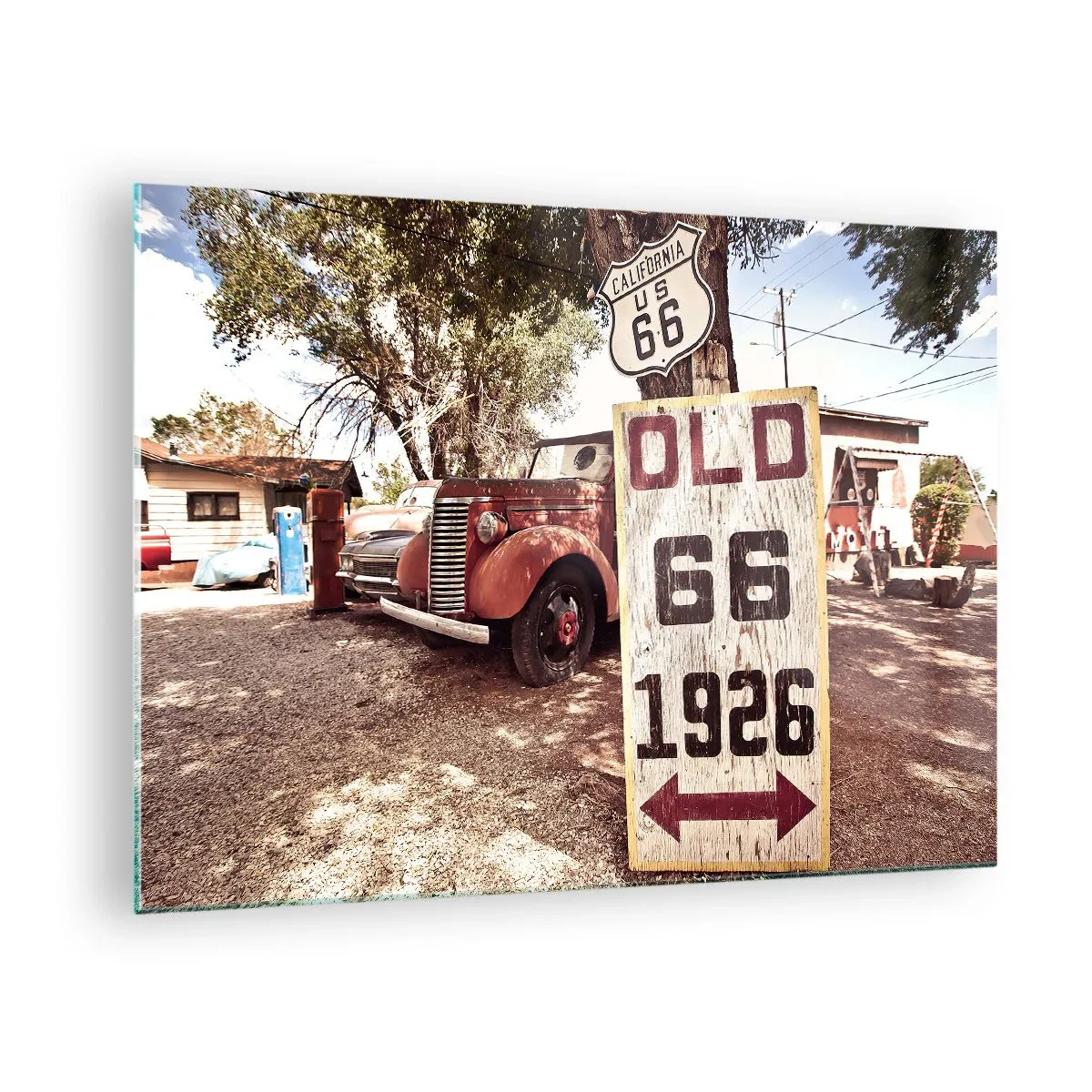 Billede på glas - Oldtimer og retro Route 66-skilt - 70x50cm - En legende om det amerikanske landskab - Moderne vægdekoration til stue og soveværelse ARTTOR