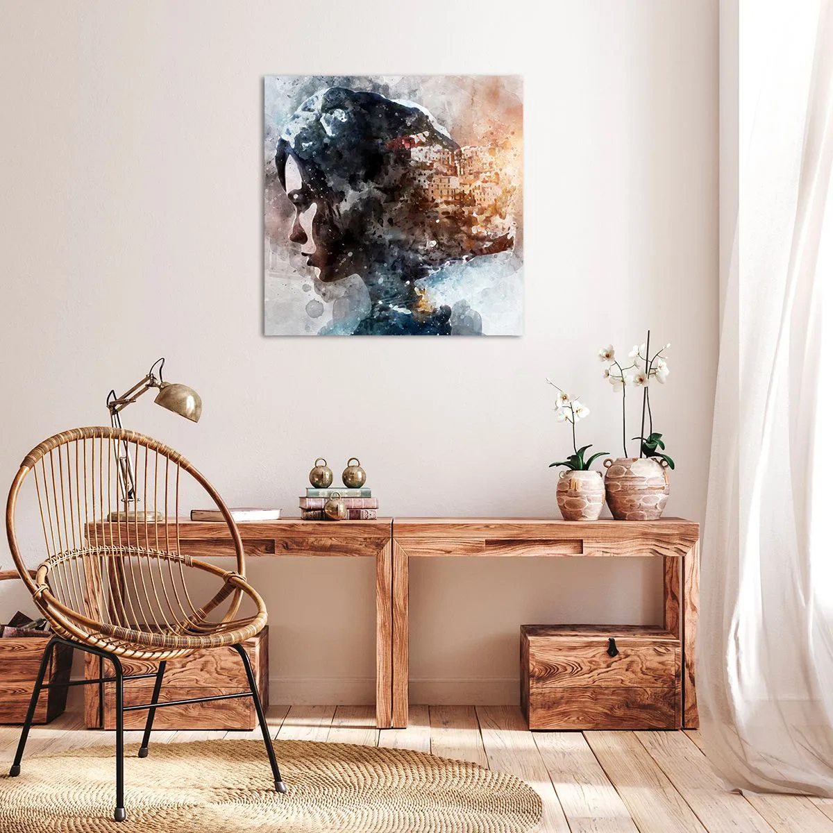 Lærredstryk - Billede på lærred - Historien om en pige med en by i baggrunden - 40x40 cm