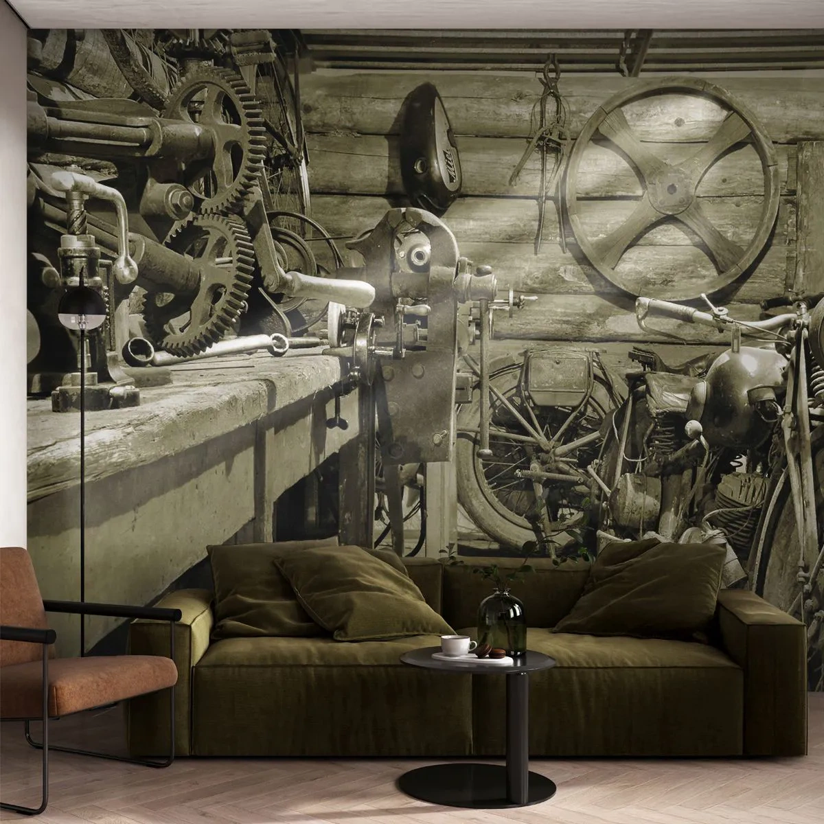 Fototapet Premium Canvas - I onkel Wladeks skur - Motorcykel, Autoværksted, Årgang - 150x105 cm