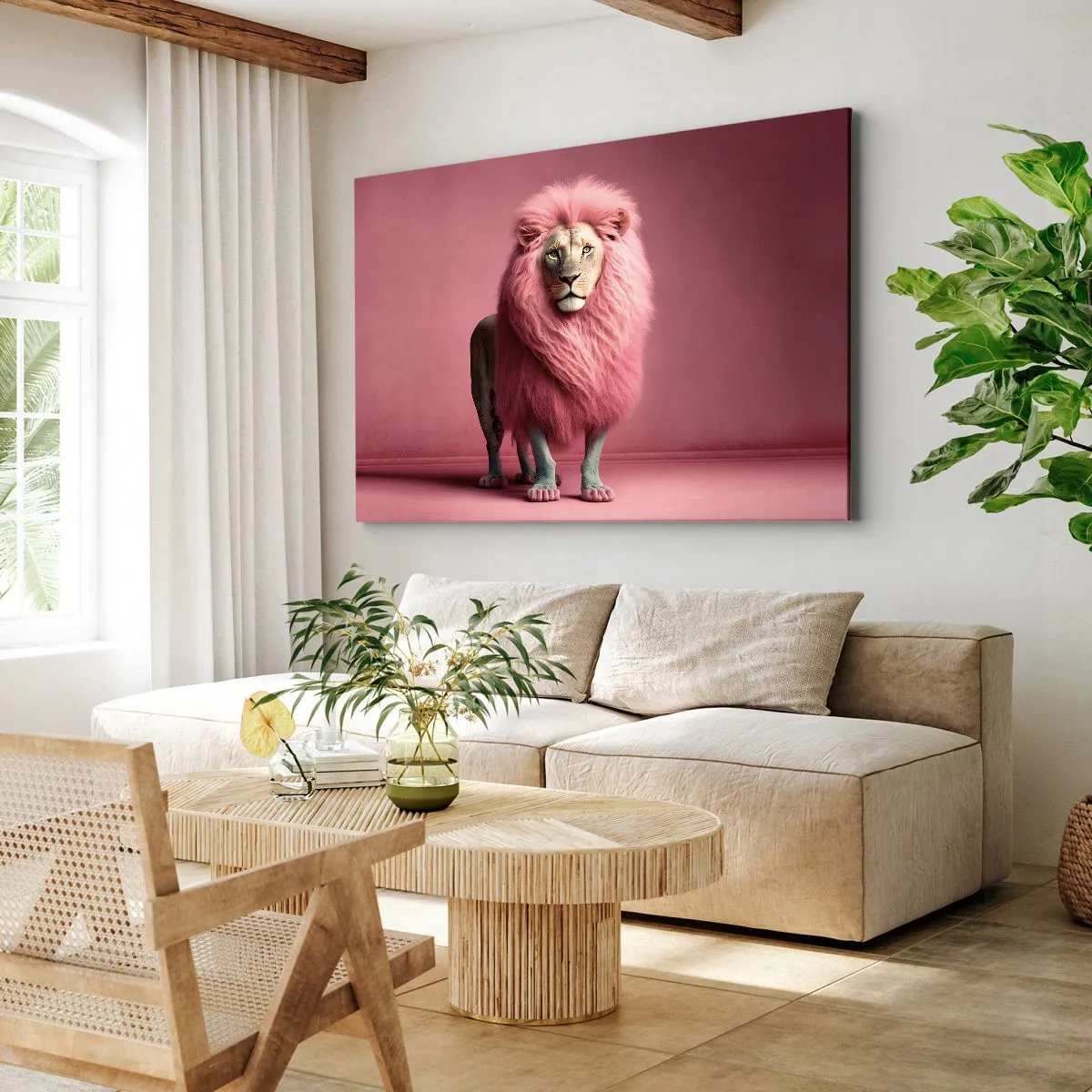 Lærredstryk - Billede på lærred - En kunstnerisk gengivet løve med en lyserød manke på en lyserød baggrund - 70x50cm - Og du er ikke længere bange - Moderne vægdekoration til stue og soveværelse ARTTOR
