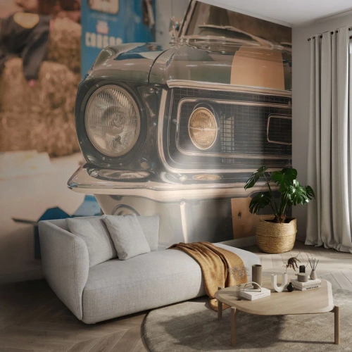 Fototapet Standard Eco - Nærbillede af en klassisk retrobil i en garage - 100x70cm - Møde med en legende - Moderne vægdekoration til stue og soveværelse ARTTOR