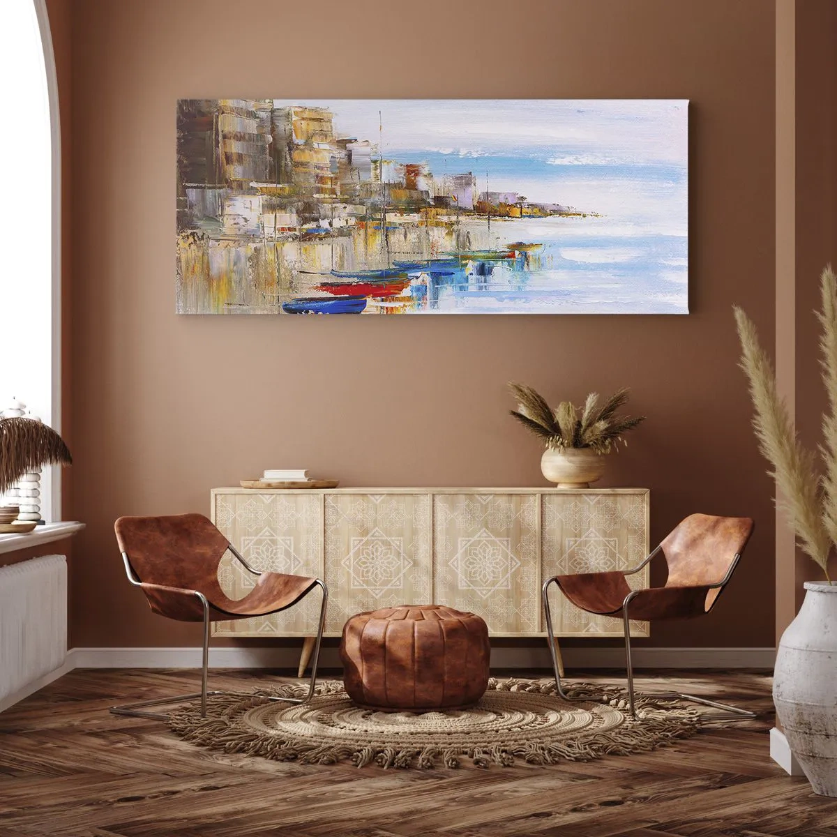 Lærredstryk - Billede på lærred - Flerfarvet urban havn - 140x50 cm