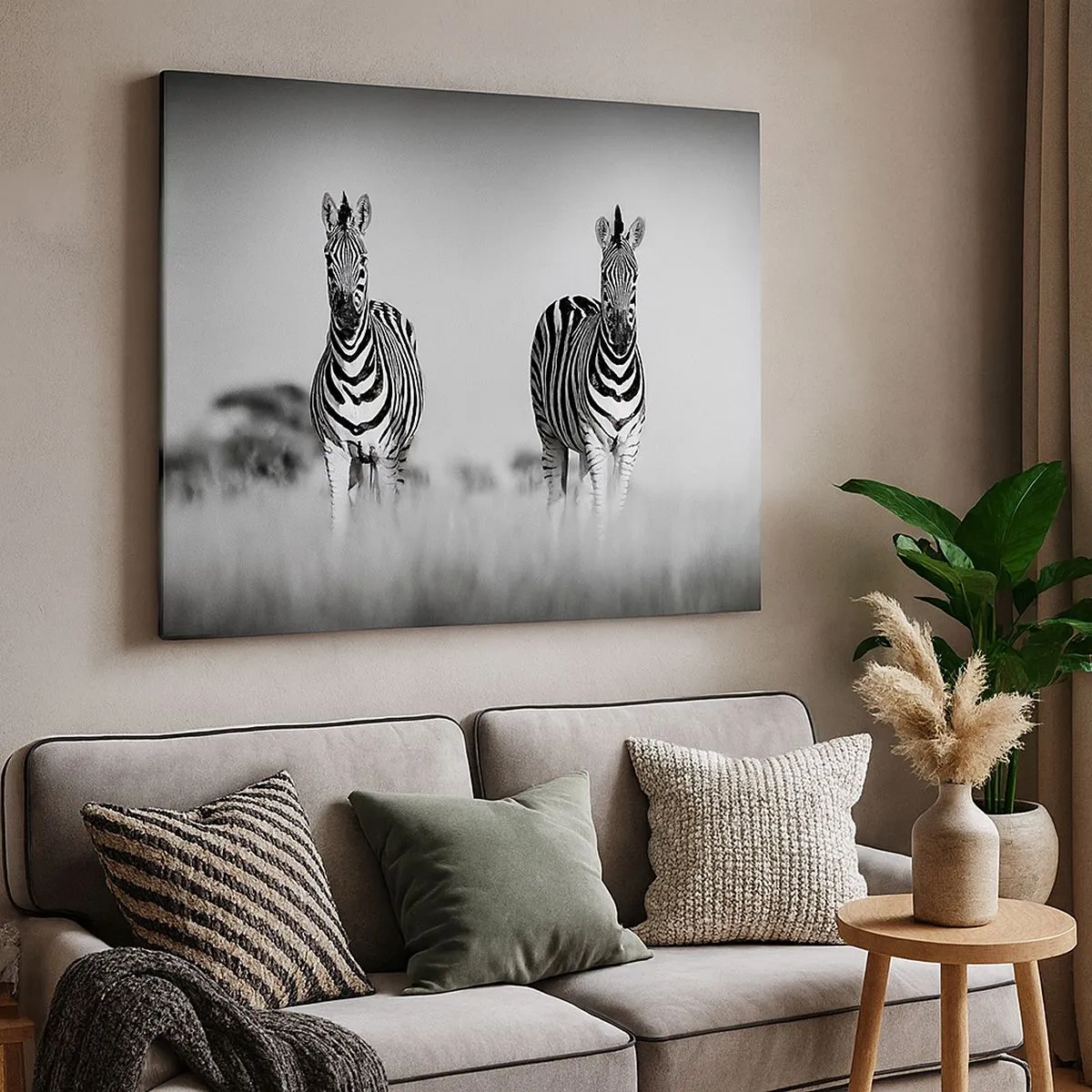 Lærredstryk - Billede på lærred - To zebraer i savannen i en monokromatisk stil - 70x50cm - Og alligevel er verden sort og hvid - Moderne vægdekoration til stue og soveværelse ARTTOR