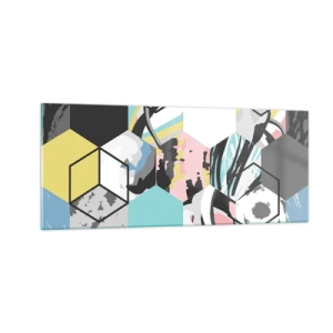 Billede på glas - Sekskanter og terninger i seks farver - 100x40 cm