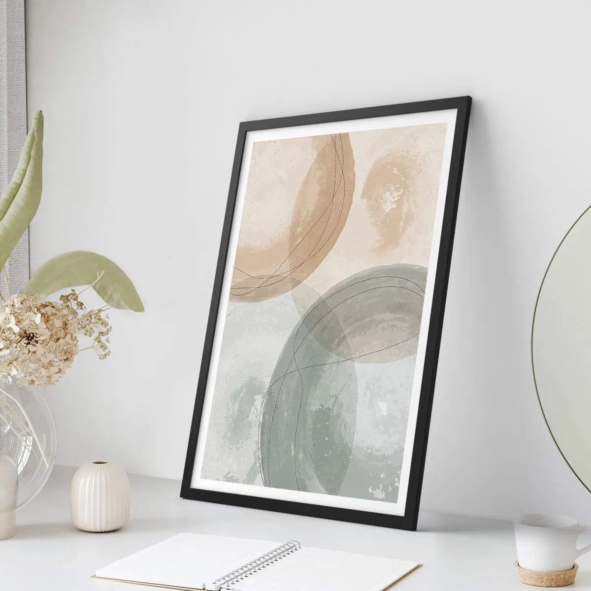 Plakat i sort ramme - Geometriske former i pastelfarver i jordfarver - 50x70cm - Gennemtrængning af verdener - Moderne vægdekoration til stue og soveværelse ARTTOR
