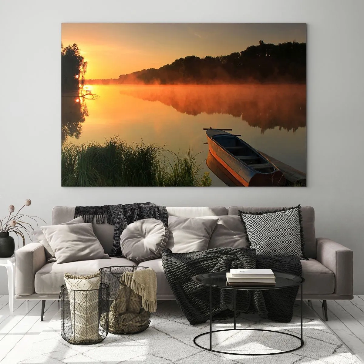 Billede på glas - Solopgang over vand som en spejlplade - 100x70 cm