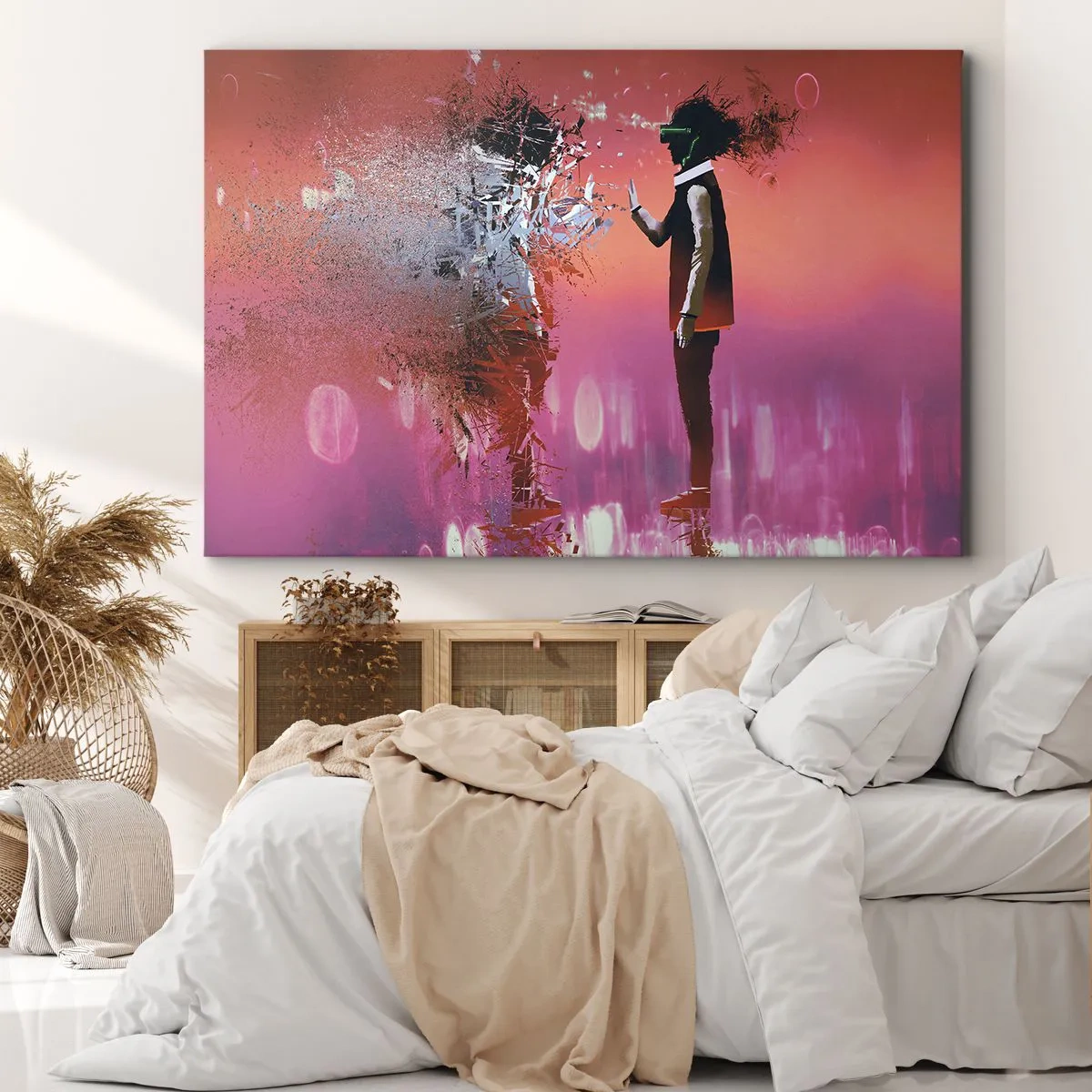 Lærredstryk - Billede på lærred - En abstrakt scene med en futuristisk figur og spredte elementer. - 70x50cm - Er det muligt at se ind i sig selv? - Moderne vægdekoration til stue og soveværelse ARTTOR