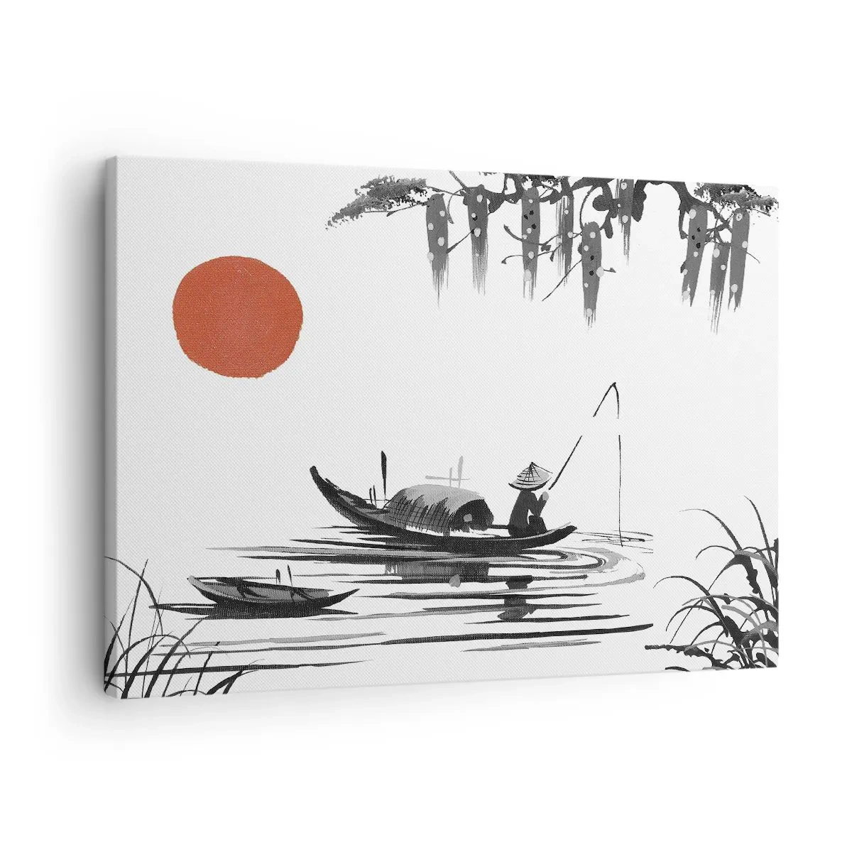 Lærredstryk - Billede på lærred - Orientalsk landskab med en fisker på en båd og en rød sol - 70x50cm - En asiatisk eftermiddag - Moderne vægdekoration til stue og soveværelse ARTTOR