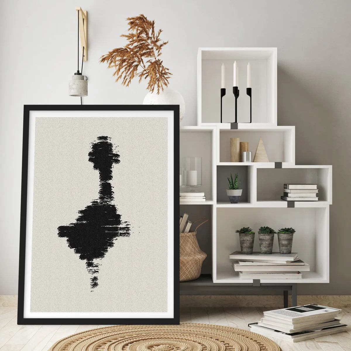 Plakat i sort ramme - Minimalistisk abstraktion i sort-hvid - 50x70cm - Fantasiens vibrationer - Moderne vægdekoration til stue og soveværelse ARTTOR
