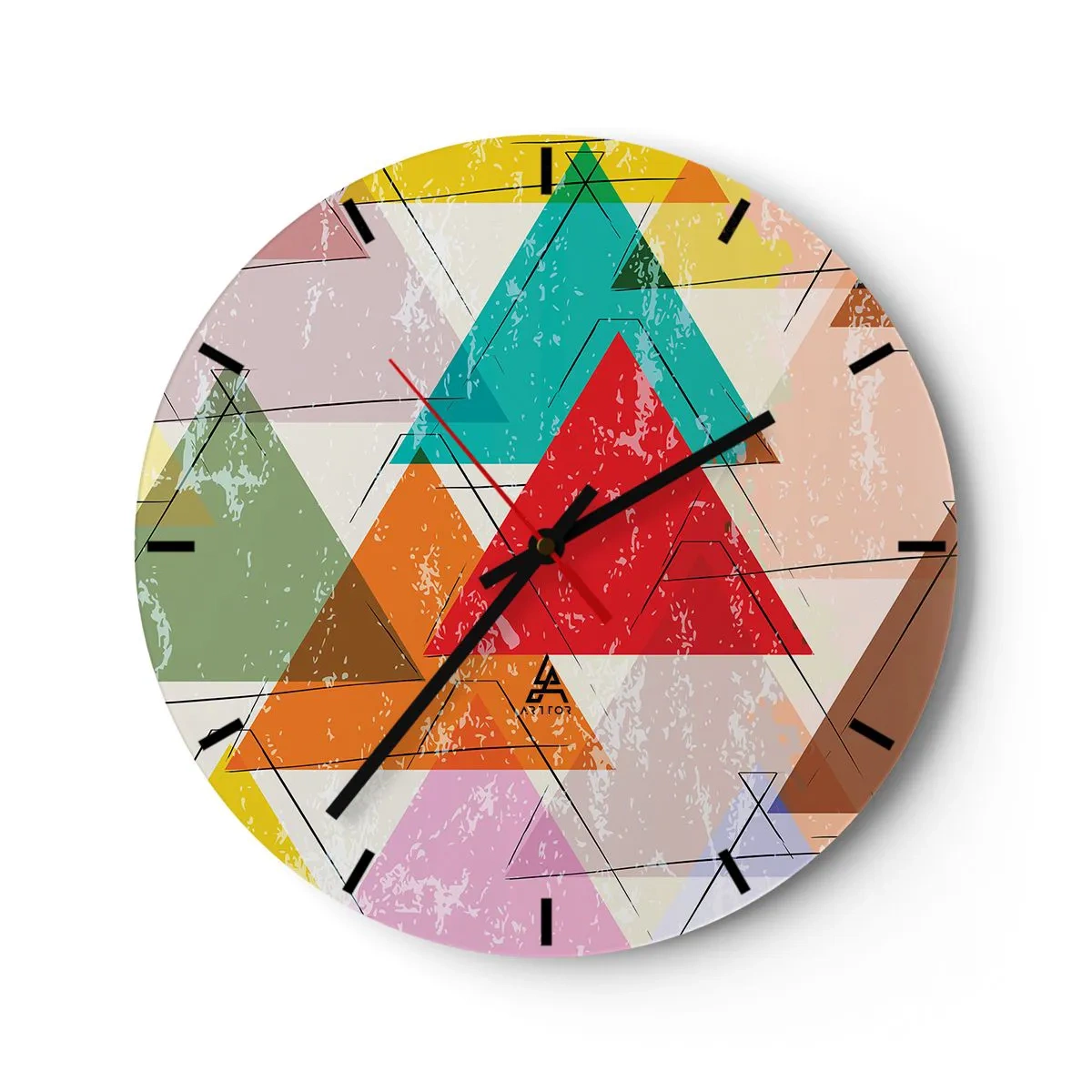 Vægur, Uret - Farverige trekanter i geometrisk stil med en ældet effekt - 30x30cm - Tre og tre - Moderne vægdekoration til stue, køkken og soveværelse ARTTOR