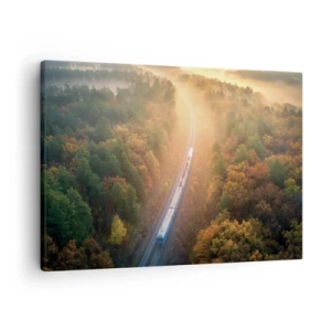 Lærredstryk - Billede på lærred - Et tog i en efterårsskov ved daggry - 70x50cm - Efterårsrejse - Moderne vægdekoration til stue og soveværelse ARTTOR