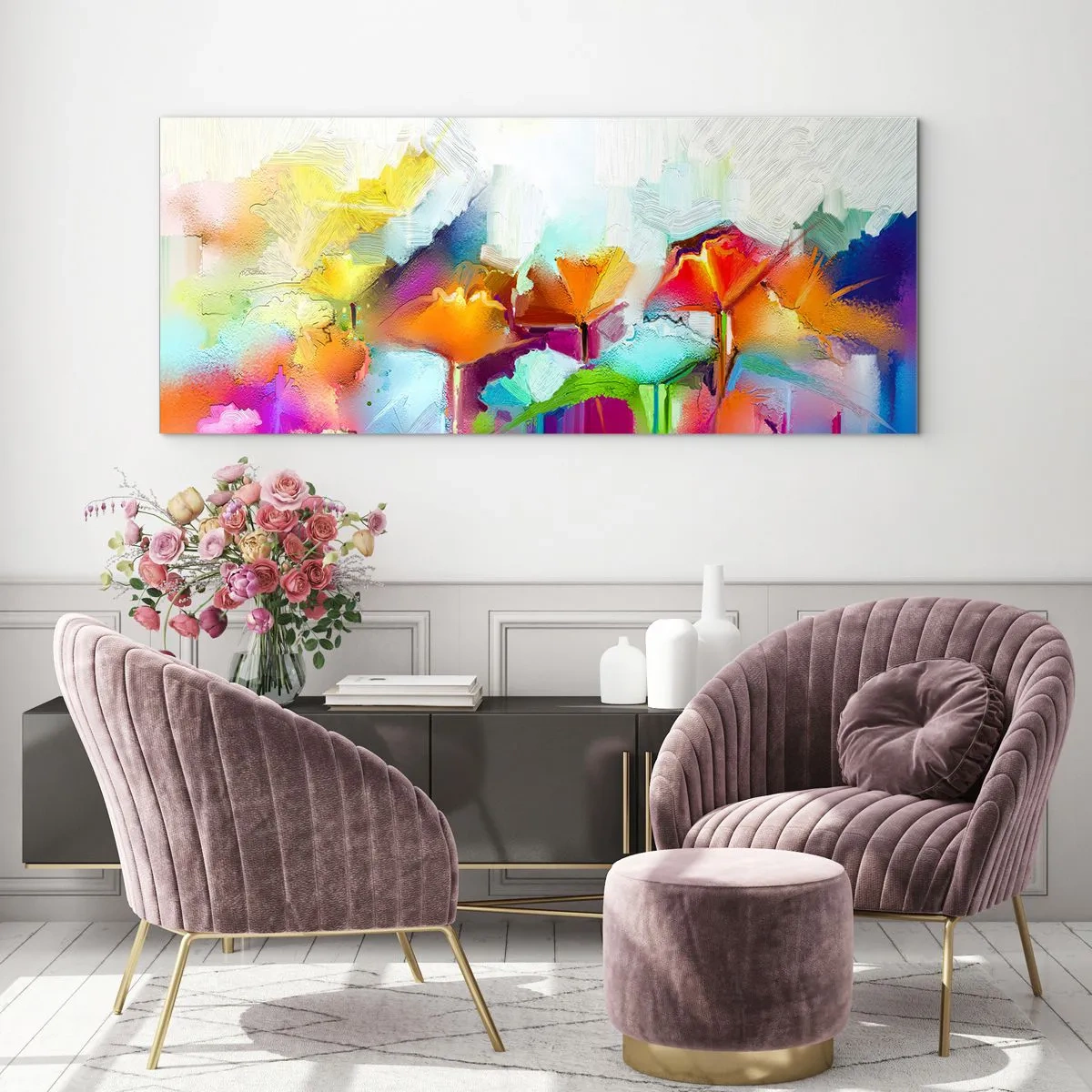 Billede på glas - Regnbuen i blomstring - 120x50 cm