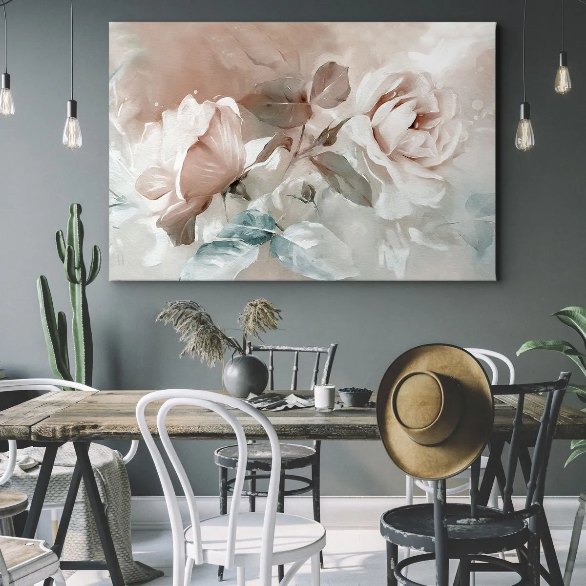 Lærredstryk - Billede på lærred - Delikate roser i pastelfarver på en lys baggrund - 70x50cm - Den romantiske ånd - Moderne vægdekoration til stue og soveværelse ARTTOR