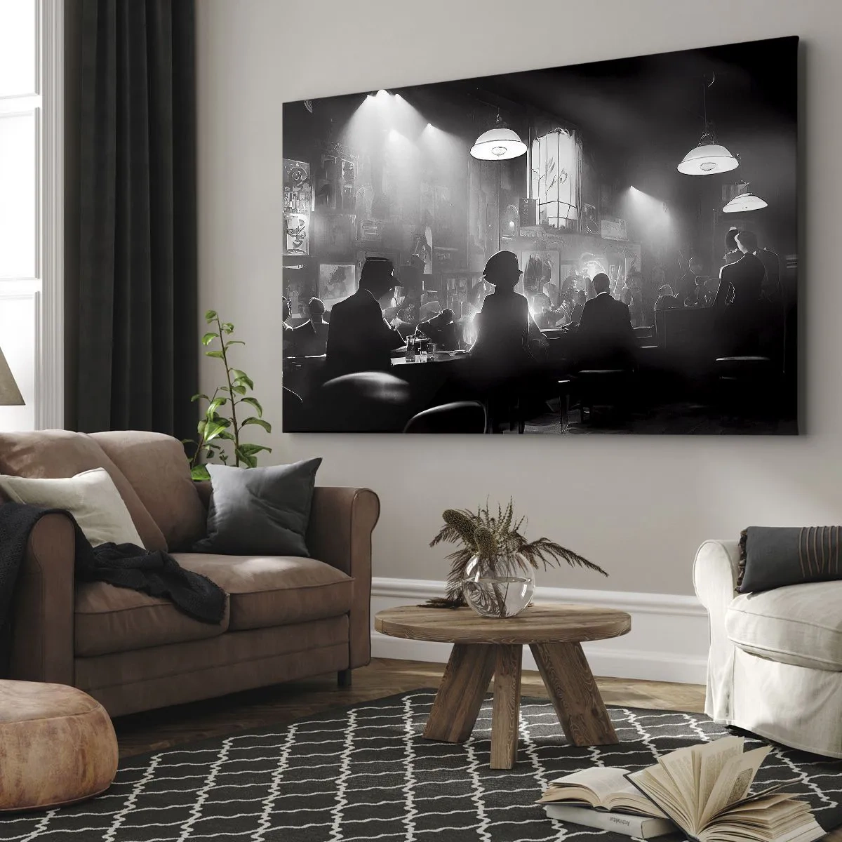 Lærredstryk - Billede på lærred - Sort-hvid jazznatklubscene - 70x50cm - I en jazzet stemning - Moderne vægdekoration til stue og soveværelse ARTTOR