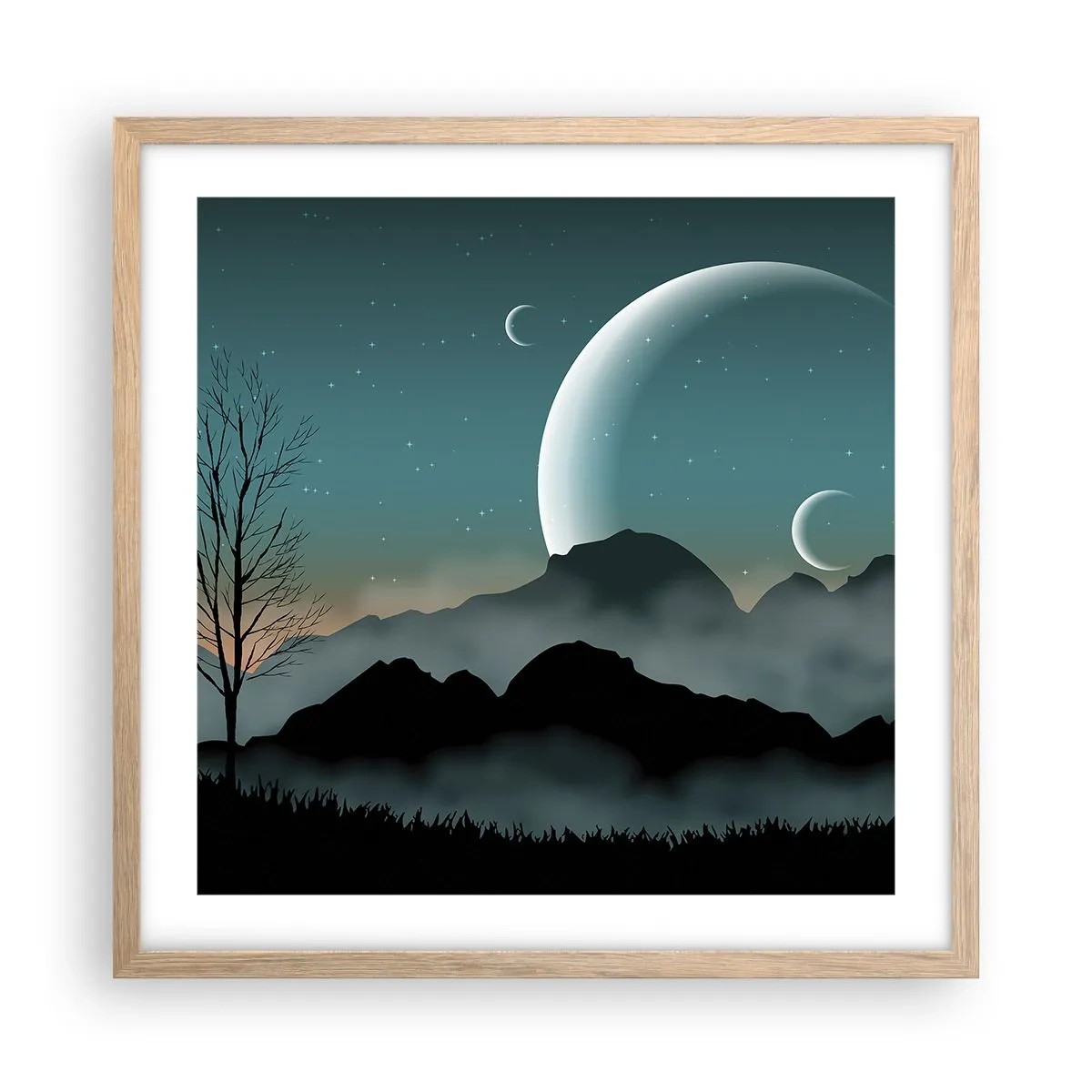 Plakat i ramme af lyst egetræ - Karneval i den stjerneklare nat - 50x50 cm