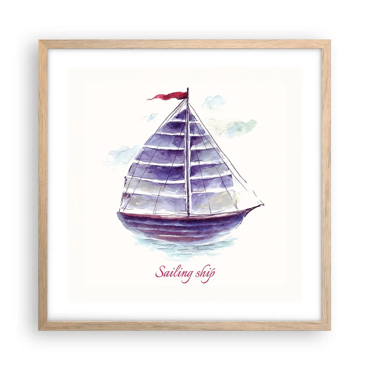 Plakat i ramme af lyst egetræ - Fulde sejl og roligt vand - 50x50 cm