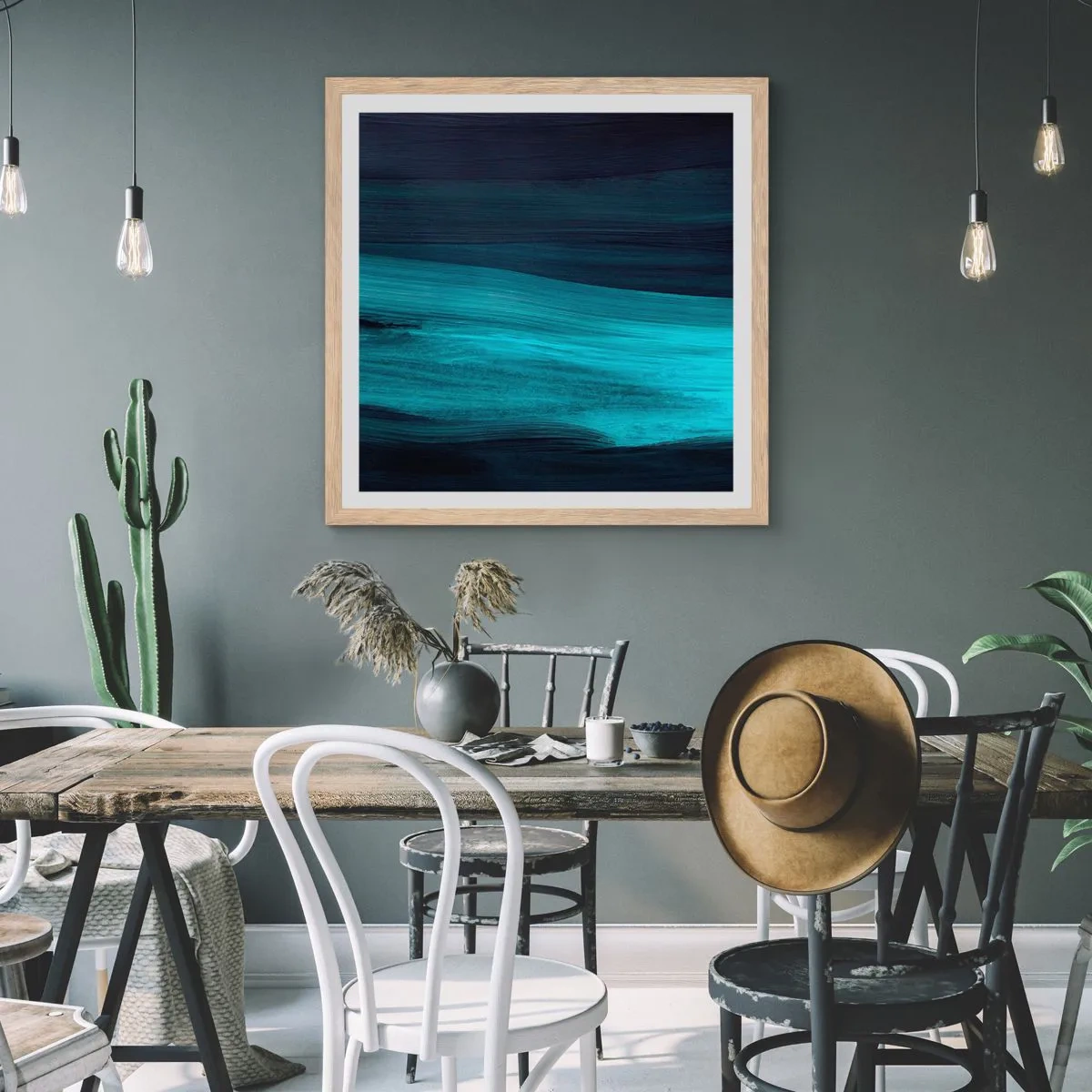 Plakat i ramme af lyst egetræ - Svøm med strømmen - 30x30 cm