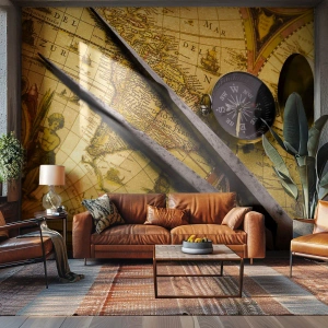 Fototapet Premium Sand - Hvor er skattene? - Kompas, Verdenskort, Rejser - 350x256 cm