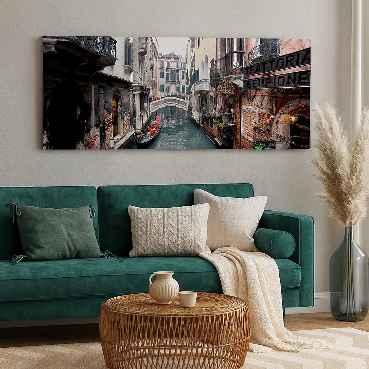 Lærredstryk - Billede på lærred - Venetiansk landskab med gondol og bro - 30x30 cm