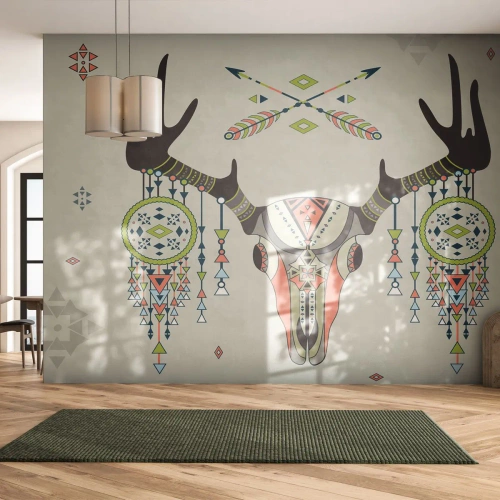Fototapet Standard Eco - Etnisk hjortekraniemotiv med drømmefangere - 100x70cm - Indiansk jægers trofæ - Moderne vægdekoration til stue og soveværelse ARTTOR