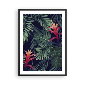 Plakat i sort ramme - Tropiske blade og blomster på en mørk baggrund - 50x70cm - Brænd i grønt - Moderne vægdekoration til stue og soveværelse ARTTOR