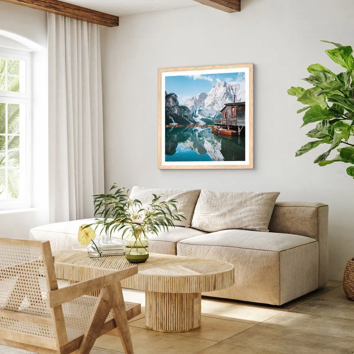 Plakat i ramme af lyst egetræ - Krystalklar bjergmorgen - 30x30 cm