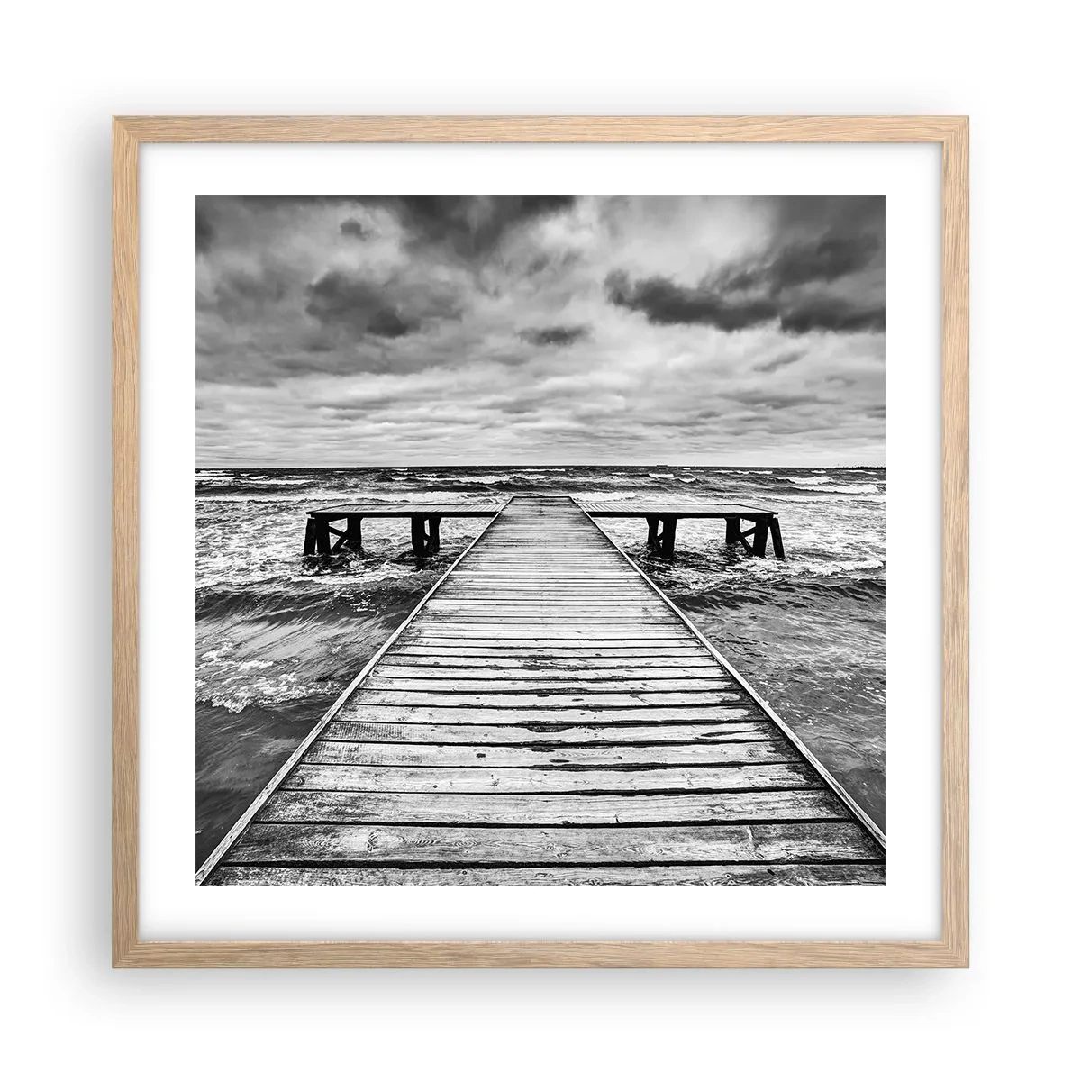 Plakat i ramme af lyst egetræ - Jeg venter på, at vinden blæser væk... - 50x50 cm