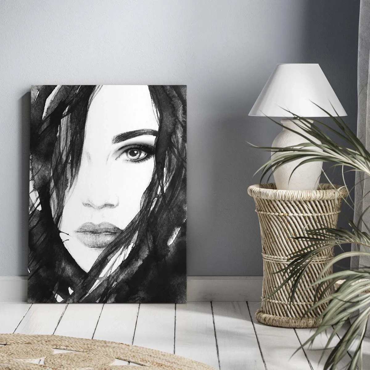 Lærredstryk - Billede på lærred - Portræt af en dame i sort og hvidt - 50x70 cm