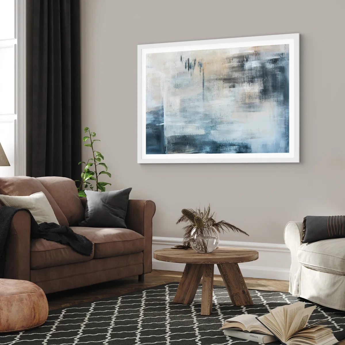 Plakat i hvid ramme - Bag et slør af blåt - 70x50 cm