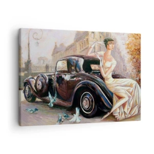 Lærredstryk - Billede på lærred - Retro kvinde ved siden af en klassisk bil - 70x50cm - Retro elegance - Moderne vægdekoration til stue og soveværelse ARTTOR