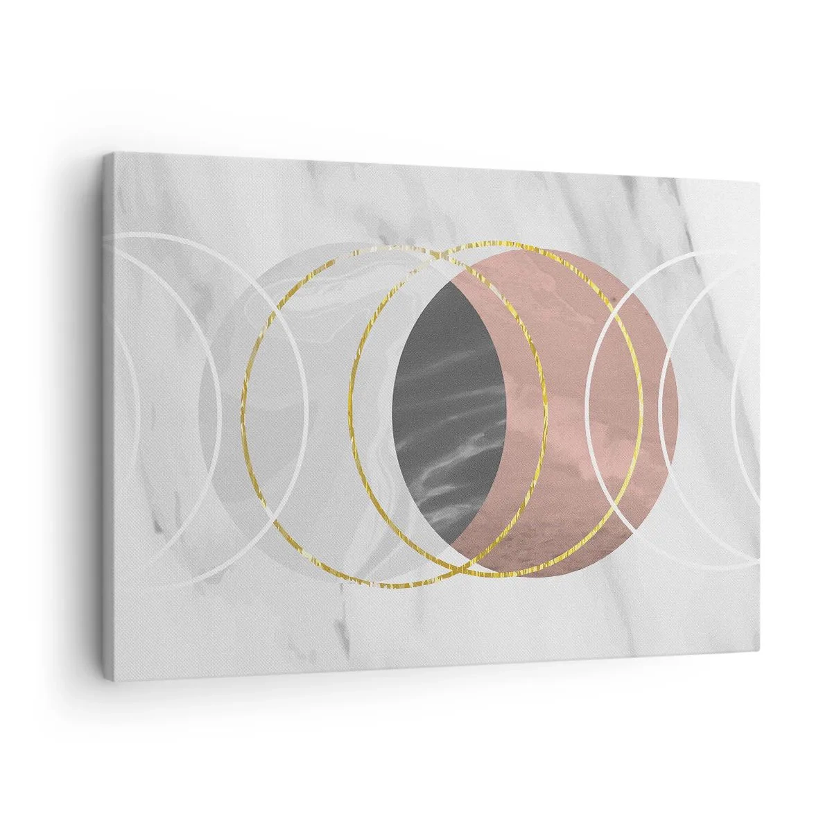 Lærredstryk - Billede på lærred - Abstrakt geometrisk komposition med cirkler og metalliske detaljer - 70x50cm - Sfærernes musik - Moderne vægdekoration til stue og soveværelse ARTTOR